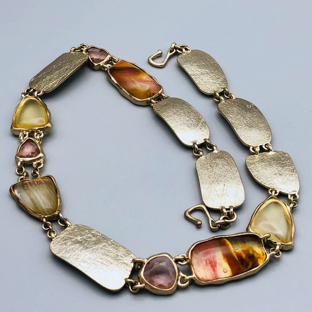 Vintage Multicolor Link Necklace 17" Silver Tone Chunky Resin Cabochon Statement